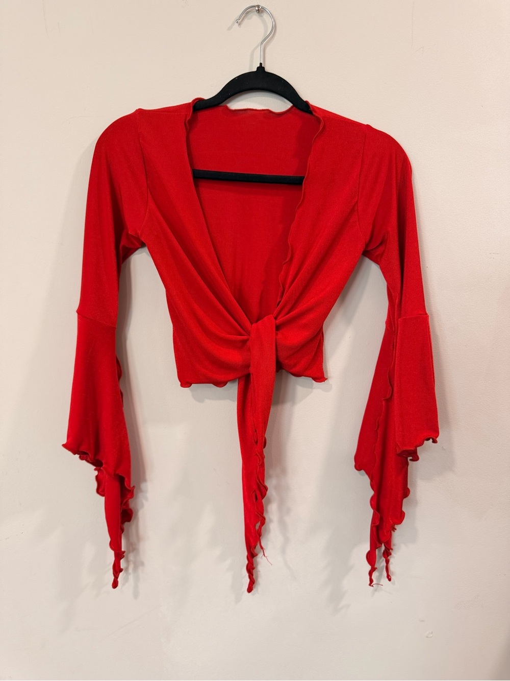 Vintage Sharif Red Tie-Front Crop Top with Lettuce-Edge Hem